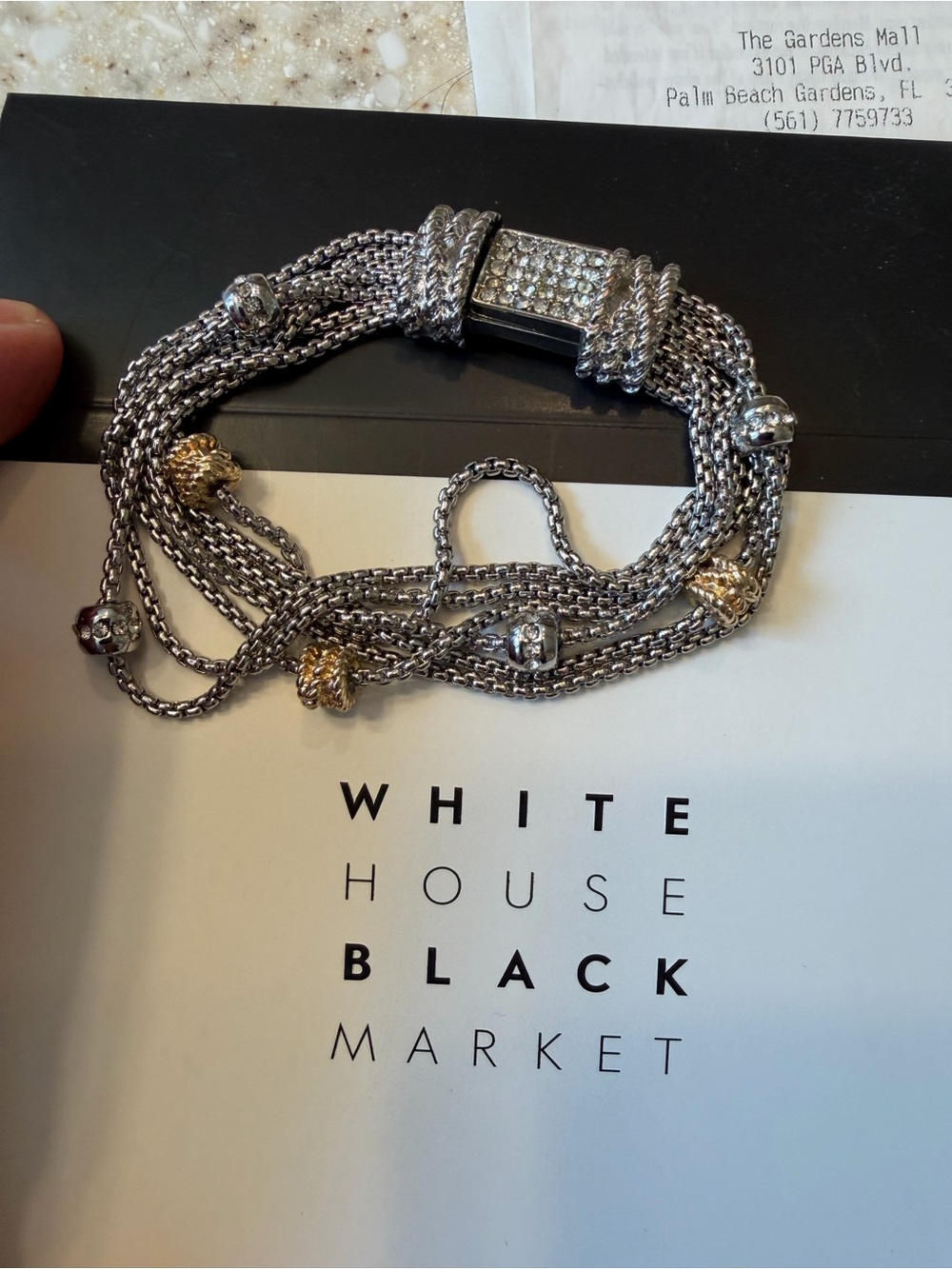 White House Black Market Silver and Gold Multi-Chain Bracelet with Crystal Clasp